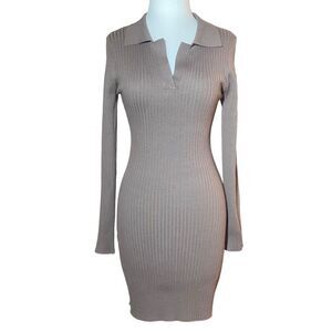 LOVE TREE Long Sleeve Ribbed Knit Mini Dress Size M Taupe V-Neck Stretch